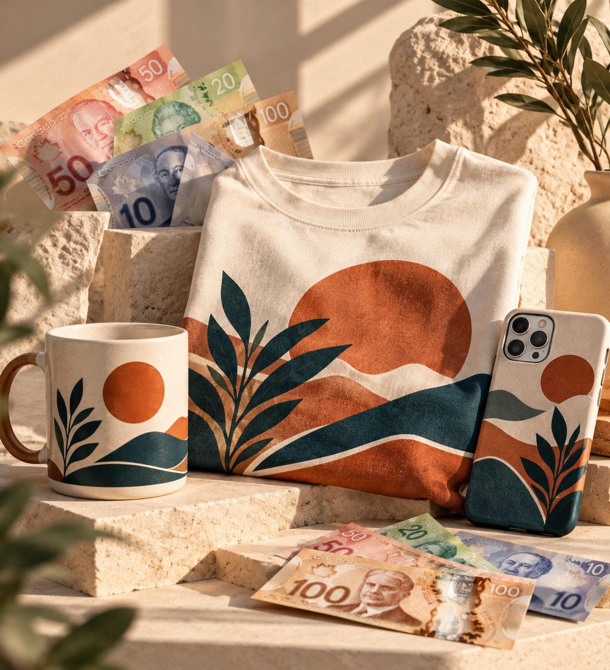 Custom print on demand t-shirt, mug and phone case with matching design beside Canadian dollar bills