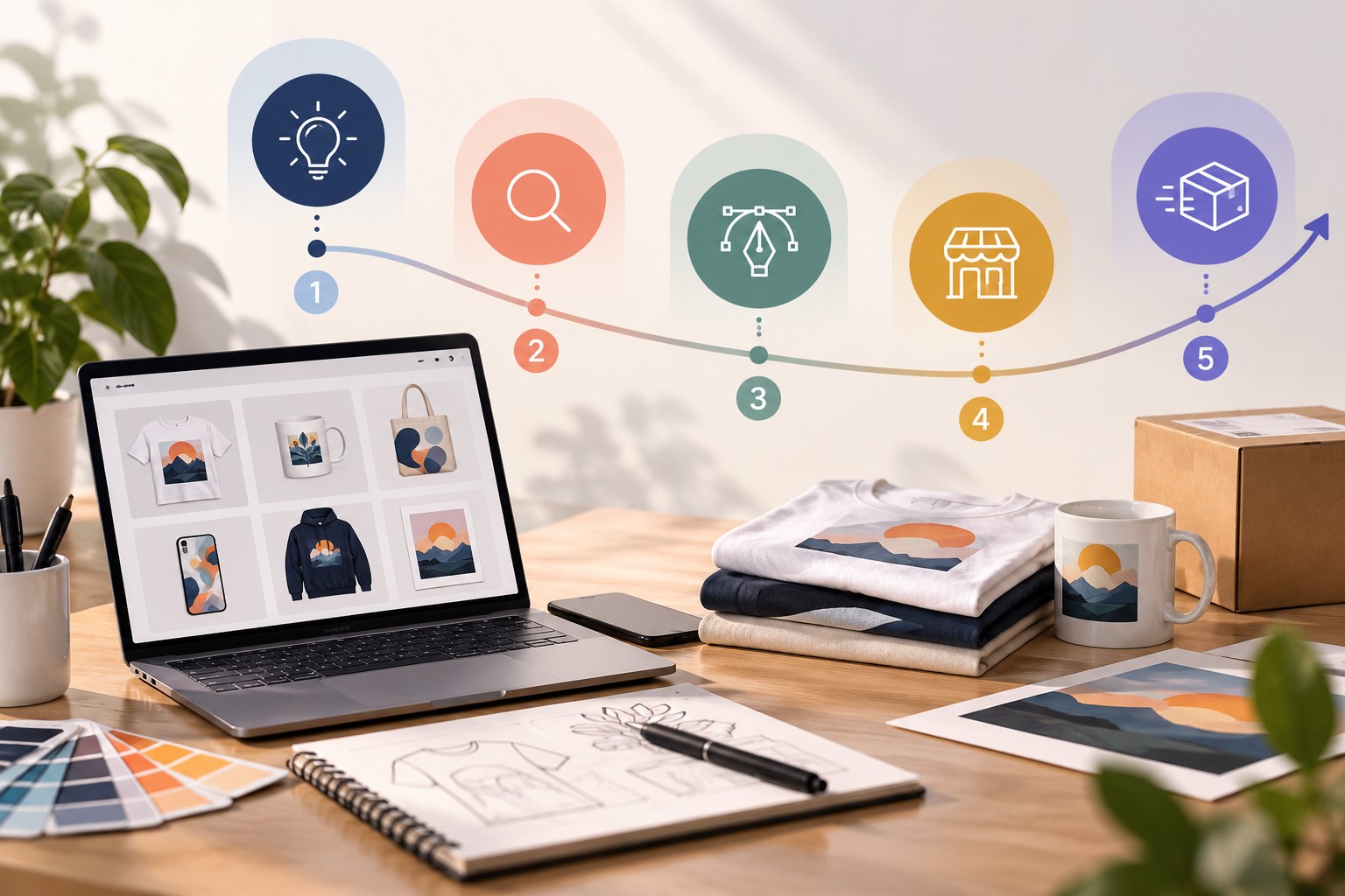 Five-step print on demand launch roadmap above a designer workspace with laptop, apparel and mugs